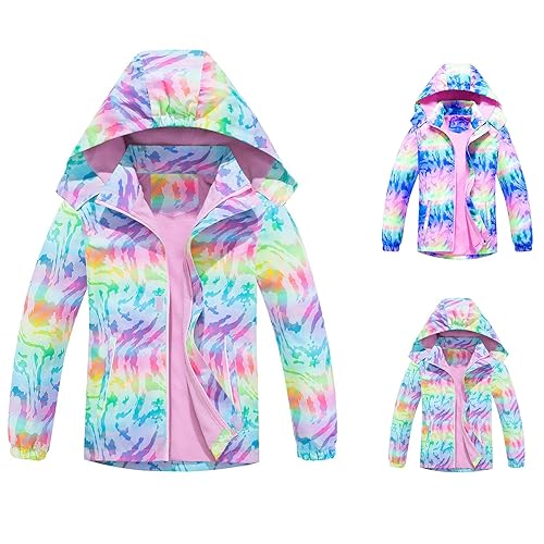 Regenjacke Mädchen Tarnung Softshelljacke Gradient Regenmäntel Batikjacke Winddicht Wasserdicht mit Kapuze Kinder Warme Windjacke Reißverschluss (Red, 8-9 Years) von Generic