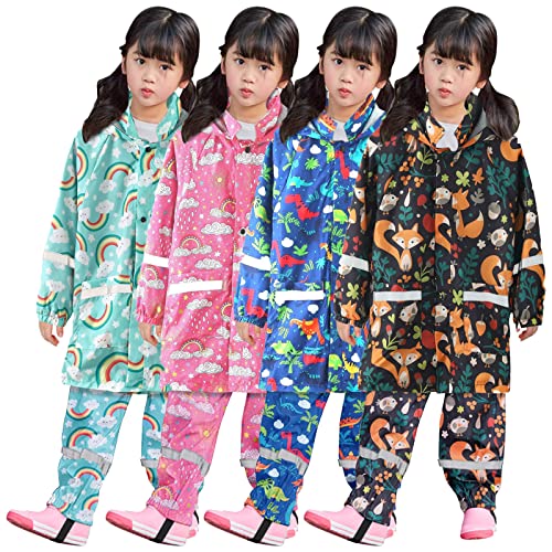 Regenjacke Regenhose Set Kinder Mädchen Junge Dinosaurier Regenmantel Matschhose Mit Tierdruck Kapuze Wasserdicht Winddichte Reflektierend Regenbekleidung (A-Hot Pink, 6-7 Years) von Generic