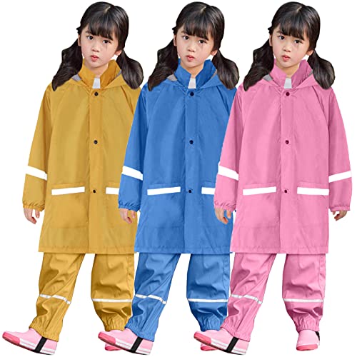 Regenjacke Regenhose Set Kinder Mädchen Junge Dinosaurier Regenmantel Matschhose Mit Tierdruck Kapuze Wasserdicht Winddichte Reflektierend Regenbekleidung (B-Hot Pink, 6-7 Years) von Generic