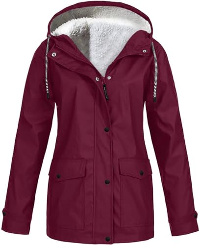 Regenjacken in Übergröße for Damen, mit Fleece gefüttert, wasserdichter Regenmantel mit Kapuze, leichter Herbst-Winter-Outwear-Windbreaker (Color : Wine, Size : 5X-Large) von Generic