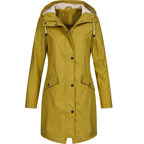 Regenmantel Damen wasserdicht Regenjacke Damen atmungsaktiv Windbreaker lang Übergangsjacke Leicht Lang Regenmantel mit Kapuze Frauen Wasserdicht Regenparka Outdoorjacke (Gelb, XL) von Generic