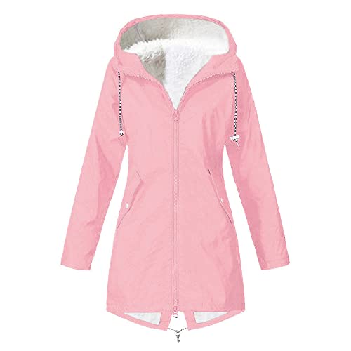 Regenmantel Fleece Wolle gefüttert Reißverschluss Leichte Kordelzug Solide mit Taschen 2023 Herbst Winter Jacken für Frauen Damen Leichte Regenjacke Damen Regenjacke Basic Gemütlich Wasserdicht, rose, von Generic