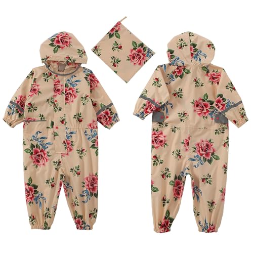 Regenoverall Reflektierend Kinder Wasserdicht Matschanzug Baby Mädchen Junge Blumendrucke Regenjacke Einteilig Leicht Regen Overall Outdoor (Beige-A, 1-3 Years) von Generic