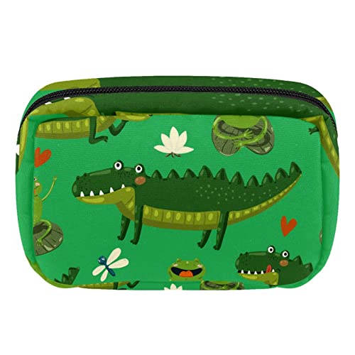 Reise-Make-up-Tasche, Kosmetiktasche, Kulturbeutel für Damen und Mädchen, grün, Krokodil, Eule, Lotus, Mehrfarbig, 17.5x7x10.5cm/6.9x4.1x2.8in von Generic