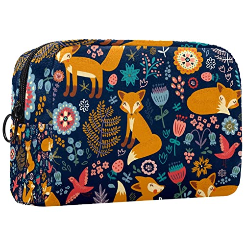 Reise Make up Tasche, Kosmetiktasche, Make up Organizer, für Frauen, Geldbörse für Toilettenartikel, Zubehör, Pinsel,Cartoon Tier Fox Vogel Blumen Wald von Generic