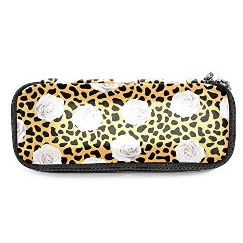 Reise Make up Tasche, Kosmetiktasche, Make up Organizer, für Frauen, Geldbörse für Toilettenartikel, Zubehör, Pinsel,Gelber Leopard Druck weiße Rosen Kunst Weinlese von Generic