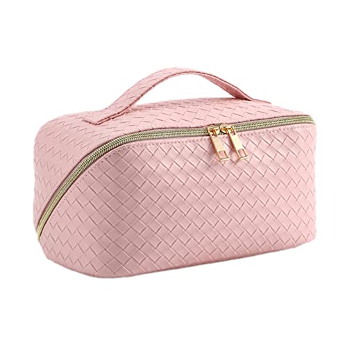 Reise-Make-up-Tasche mit großer Kapazität – geflochtene PU-Leder-Kosmetiktasche für Damen, tragbare Kulturbeutel mit Griff und 4 Fächern, wasserdichte Kulturbeutel für, Pink, 1 von Generic