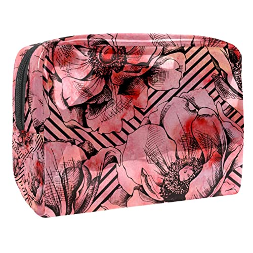 Reise Make up Tasche wasserdichte Kosmetiktasche Kulturbeutel Make up Taschen für Frauen und Mädchen,Klatschmohn rote Blumen Linien von Generic