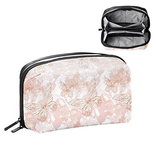 Reise Make up Tasche wasserdichte Kosmetiktasche Kulturbeutel Make up Taschen für Frauen und Mädchen,Schmetterling Blumen Blume Künstlerisch Khaki von Generic