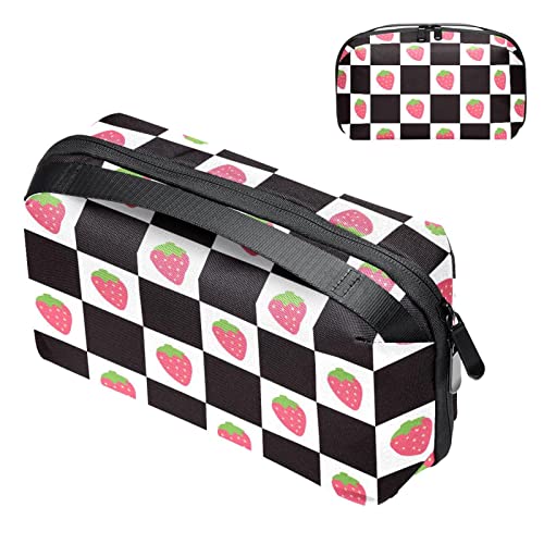 Reise Make up Tasche wasserdichte Kosmetiktasche Kulturbeutel Make up Taschen für Frauen und Mädchen,Überprüfen Sie Schwarz Weiß Erdbeere Kawaii Pink von Generic