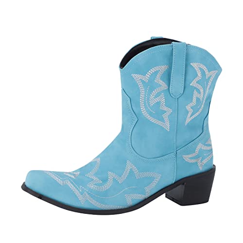 Reitstiefeletten Damen Leder - Schlupfstiefel Damen Mit Absatz - Westernstiefel Mit Stickerei Spitzer Zehenpartie Reitstiefel Kurzschaft Lederstiefel Flach Ankle Boots Cosplay Schuhe von Generic