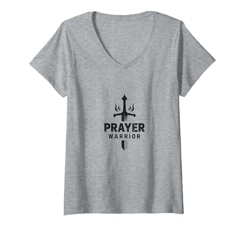 Religiöser Gebetskrieger für Männer | Spirituelle Stärke T-Shirt mit V-Ausschnitt, Damen, Grau Meliert, L von Generic