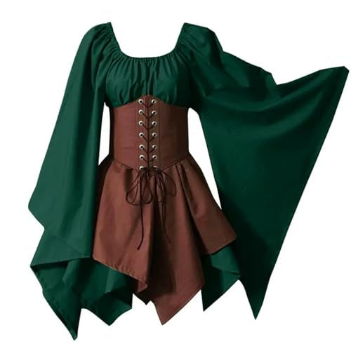 Retro Chemise Korsett Kleid Renaissance Fee Elf Cosplay Kostüme Halloween Frauen Mittelalter Flare Ärmel Kleid Party A Linie Kleid-Kaffee-XL von Generic