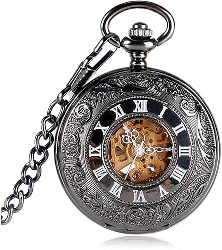 Retro Exquisite Blumen Design Taschenuhr Schwarz Römische Zahlen Automatische Mechanische Taschenuhr Männer Frauen Geschenk für Weihnachten von Generic