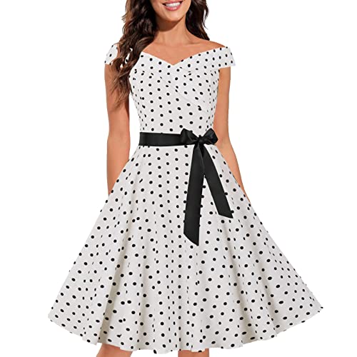 Retro Faltenrock 60er Jahre Rockabilly Vintage Tunika A Linie Solides Cocktailkleid mit Gürtel Hochzeit Partykleid Rockabilly Kleid Ballkleid Weißes Kleid von Generic