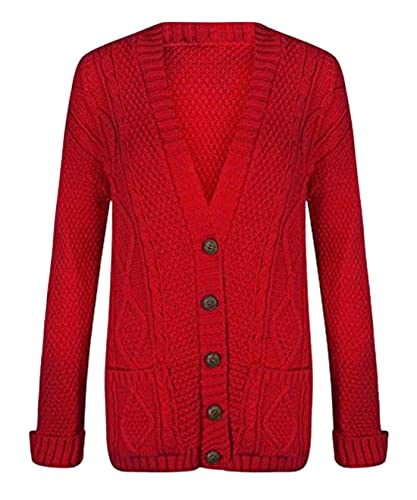 Riddled with Style Damen Strickjacke, mit langen Ärmeln, mit Knöpfen, Grobstick im Aran-Stil Gr. 42-44/XL, rot von 21Fashion