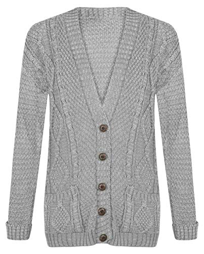 Riddled with Style Damen Strickjacke, mit langen Ärmeln, mit Knöpfen, Grobstick im Aran-Stil Gr. 46-48/XXL, grau von 21Fashion