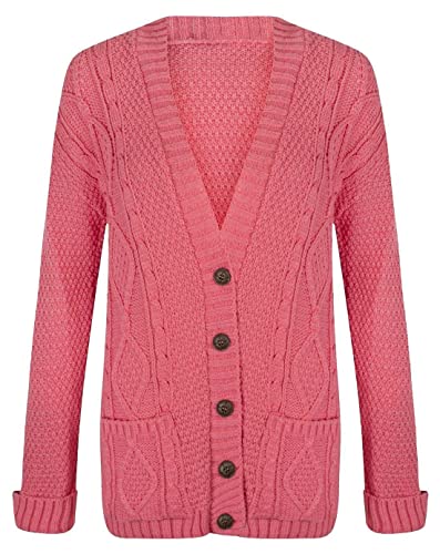 Riddled with Style Damen Strickjacke, mit langen Ärmeln, mit Knöpfen, Grobstick im Aran-Stil Gr. 46-48/XXL, korallenrot von 21Fashion