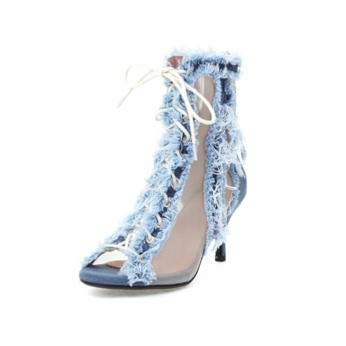 Riemchen Hoher Absatz Sommerstiefel Mit Reißverschluss Hinten Peeptoe Denim Mesh-Kleid Sandalen Pfennigabsatz Partei Abschlussball Pumps,Blau,38.5 EU von Generic