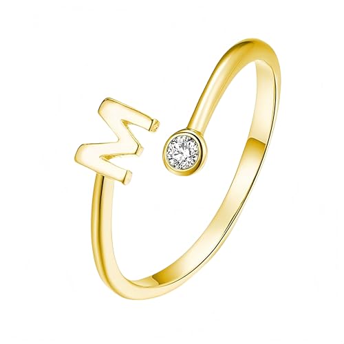 Ring Damen Silber 925 Initialenringe Für Frauen Stapelbar Zirkonia Buchstabenring Kristall Einlage Alphabet 14 Karat Vergoldet Offen Verstellbar Initialen Daumenring Schmuckgeschenk M von Generic