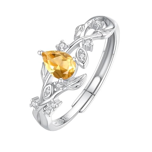 Ring Damen Silber 925 Natürlicher Edelstein Ring Im Birnenschliff Silber Mit Zirkonia Blattband Verstellbar Jahrestag Hochzeit Verlobungsring Für Sie Geschenke Citrin von Generic