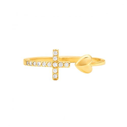 Ring Damen Silber 925 Offener Silberring Mit Kreuz 14 Karat Vergoldet Verlobungsring Herzring Christlicher Stapelring Fingerring Zirkonia Glaubensschmuck Geburtstagsgeschenk Mit Box 14 Karat Vergold von Generic