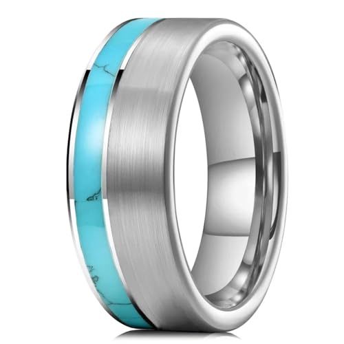 Ring Schmuck Mode 8Mm Männer Wolfram gold Blau Türkis Stein Eingelegt Poliert Flach Ring von Generic