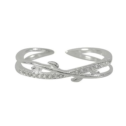 Ring aus 925er Sterlingsilber mit Olivenblatt-Kreuz und Zirkonia, verstellbar, für Damen, stapelbar, minimalistischer Schmuck von Generic