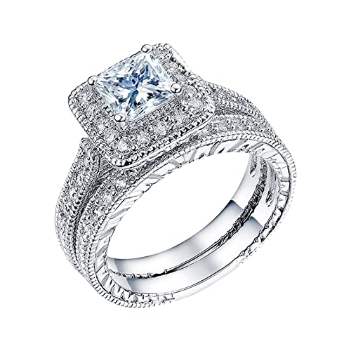 Ringe Für Traumfänger 20 Cm Set von 2 Paaren Princess Cut Diamond Set Ring Mode Luxus Frauen Verlobung Hochzeit Schmuck Schwing Ringe (Silver, 6) von Generic