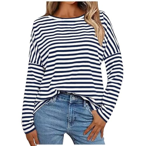 Ringelshirt Damen,Ringelshirt Rot Weiss Karneval Gestreiftes Langarmshirt Karneval Oberteile Rundhal Basic Shirt Locker Ringelshirt Schwarz Weiß Damen Oversized Y2K Matrosen Kostüm von Generic