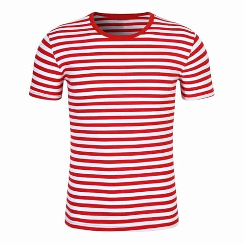 Ringelshirt Herren Ringelshirt Rot Weiss Karneval Gestreiftes Sommer Top Bluse Bequem Lässig Gestreifte T-Shirt Matrosen Kostüm Karneval Oberteile Rundhals Kurzarm T-Shirt Matrosen Shirt von Generic