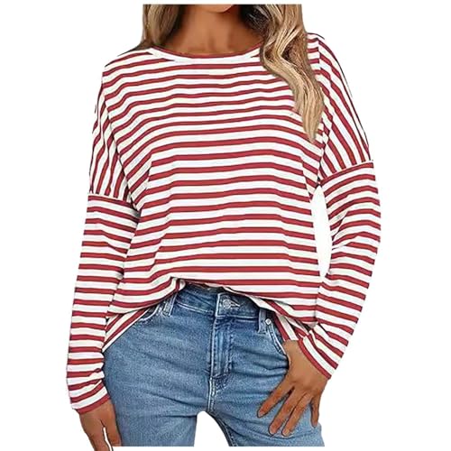 Ringelshirt Rot Weiss Karneval Ringelshirt Damen Gestreiftes Langarmshirt Rundhals Oberteil Basic Shirt Locker Ringelshirt Schwarz Weiß Matrosen Kostüm Damen Oversized Y2K Sweatshirt von Generic