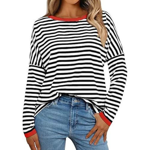 Ringelshirt Rot Weiss Karneval Ringelshirt Schwarz Weiß Damen Langarmshirt Rot-Weiss Gestreiftes Oberteil Rundhals Ringelshirt Karneval Basic Shirt Rot Weiß Gestreift Locker Matrosen Kostüm von Generic