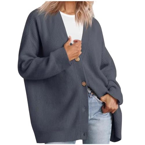 Rippen Strickjacke Damen Lang Einfarbig Langarm Gerippt Cardigan Modische Longstrickmantel Knöpfen V-Ausschnitt Winterjacke Locker Wintermantel Übergangsjacke Freizeitjacke Outer Sweater von Generic