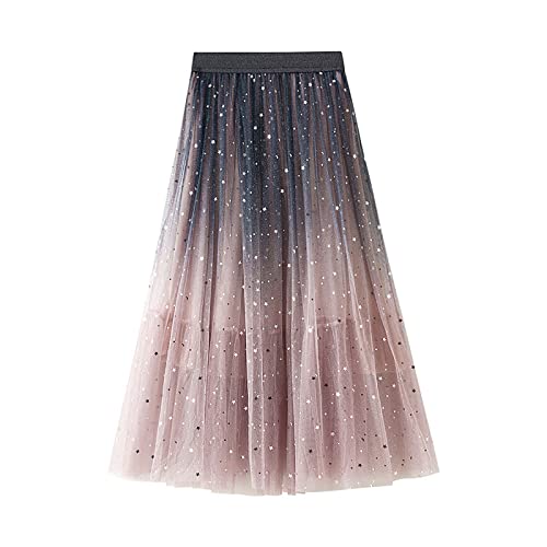 Rock Damen Bohemien Maxirock Kleid Urlaub Sommerrock Strandkleider Mode Frauen Sommer Gradient Farbe Tullrock Hohe Taille Falten Lange weibliche Tutu-Röcke, Rosa, Einheitsgröße von Generic