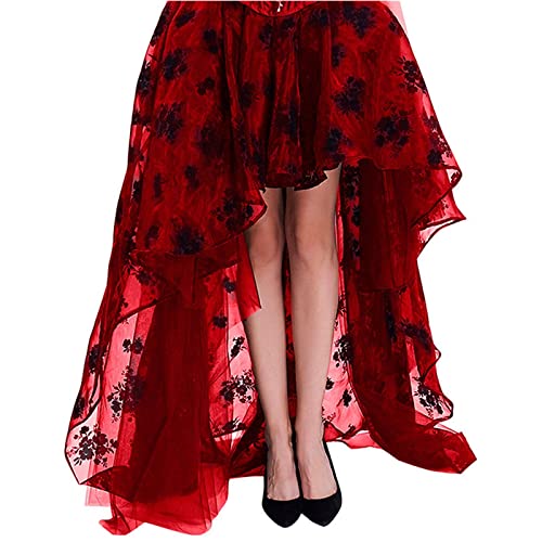 Rock Damen Elegant Midi Skate Rock Irregulär Saum Vintage Korsett Rock Lang Festlich Rock Hochzeit Cocktail Langrock Elastisch Hohe Taille Blumen Spitze A-Linie Rock(A Rot,L) von Generic