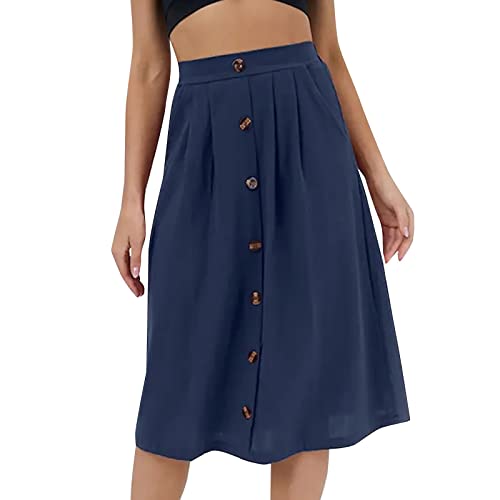 Rock Damen Knielang,Midirock Damen A Linie,Faltenrock Damen Hohe Taille Knopfleiste Lange Röcke Midi Herbst Elegant Plisseerock Einfarbig Freizeitrock Lässig Damenrock mit Taschen Casual Skirt von Generic
