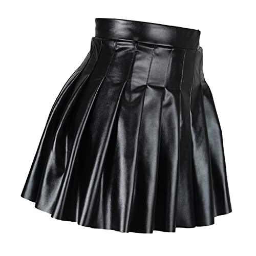 Rock Damen Lederrock Schwarz Minirock Hohe Taille Vintage PU Leder Plisseerock Solide Kurze Rock Vielseitige Dehnbare Informell Faltenrock Mini Skater Rock Sommerrock Glockrenrock Streetwear Cosplay von Generic