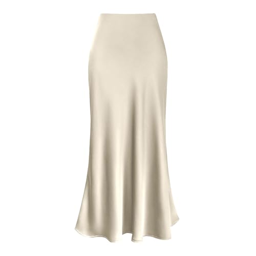 Rock Maxirock Lang Damen Rock Weich Damenrock Freizeitrock mit hohem Bund Skirt Elastisch Satinrock Frauen Satin Seidenrock Hohe Taille Büro Elegante Lange Basic Solid Midi A-Linie Röcke Für Frauen von Generic