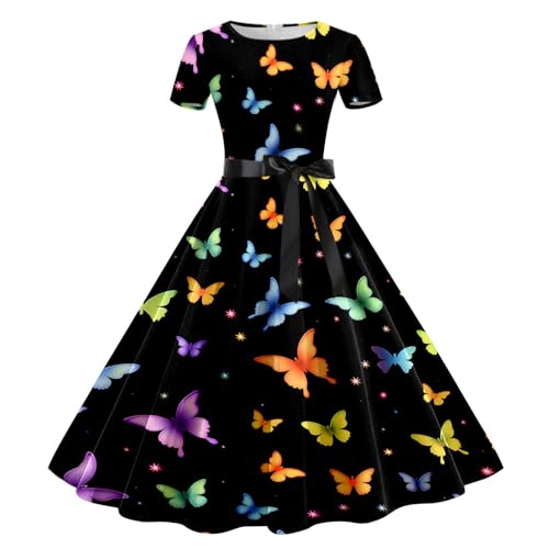 Rockabilly Kleider Damen, Damen Sommerkleid Schmetterling Drucken A-Linien Kurzarmkleid Elegant Party Cocktailkleid mit Rundhalsausschnitt Kurzärmliges T-Shirt Kleid Swingrock Schaukelrock von Generic