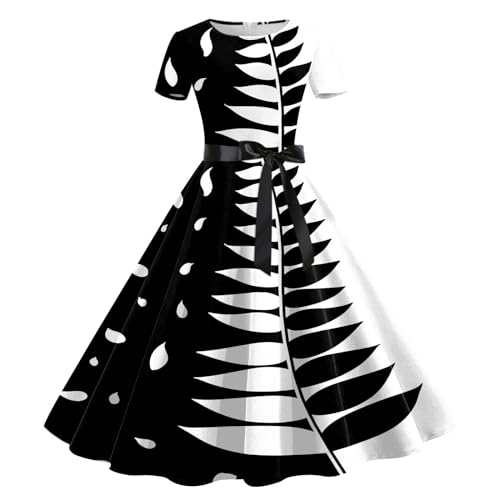 Rockabilly Kleider Damen, Damen Sommerkleid Schmetterling Drucken A-Linien Kurzarmkleid Elegant Party Cocktailkleid mit Rundhalsausschnitt Kurzarm T-Shirt Kleid Swingrock Schaukelrock von Generic