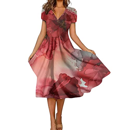 Rockabilly Kleider Damen, Hippie Kleidung Sommerkleid Spitze Hawaii Outfit Damen Mode All Match Sommer Temperament V Ausschnitt Bedrucktes Kurzärmliges Kleid Sommerkleid Schulterfrei(Rot,M) von Generic