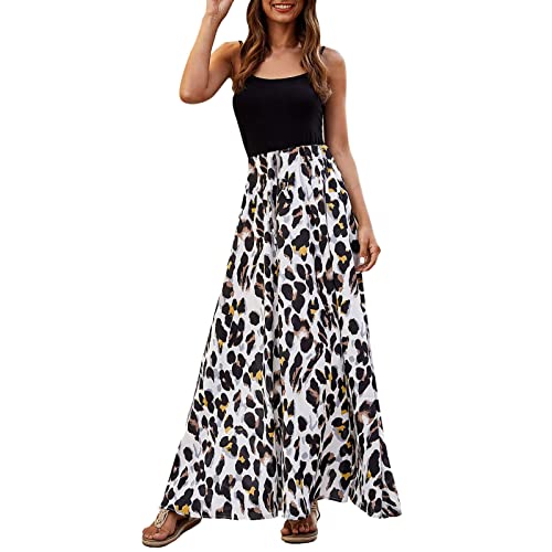 Rockabilly Kleider Damen Frauen-Leoparden-Druck-langes Kleid-Sommer-Strand-Plissiertes elastisches hoch tailliertes Maxi-Kleid Partykleider Cocktailkleid Kleider Hawaii Kleid von Generic