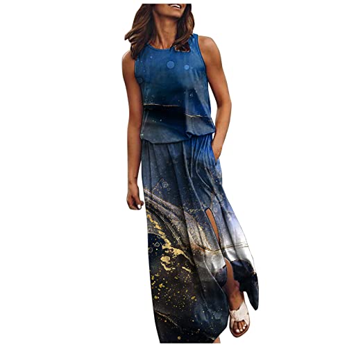 Rockabilly Kleider Damen Frauen Maxikleider Sommer O-Ausschnitt Ärmellos Split Langes Kleid Lässiges Boho Tankkleid Strand Sommerkleid mit Tasche Partykleider Cocktailkleid Kleider Hawaii Kleid von Generic