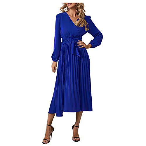 Rockabilly Kleider Damen Silvester Outfit Kleid Lang Elegant Einfarbig Langarm mit Gürtel V-Ausschnitt Swing A-Linie Hohe Taille Ballkleid Dress(Blau,M) von Generic