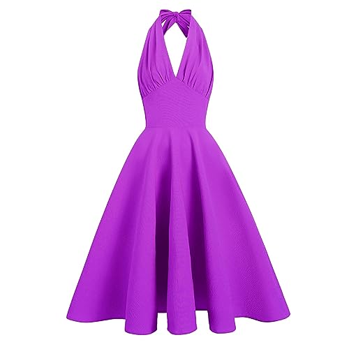 Rockabilly Kleider Damen Vintage 50er Jahre Kleid a Linien Rückenfrei Partykleid Hepburn Stil Petticoat Kleid Neckholder Coctailkleid Festlich Hochzeit Abendkleid Lila L von Generic