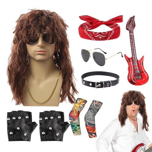 Rocker Kostüm für Männer, 80er Jahre Rocker Kostüm | 70er und 80er Jahre Rocker Perücken für Männer, Hippie Perücke mit Sonnenbrille Bandana - Rocker Star Kostüm Set von Generic