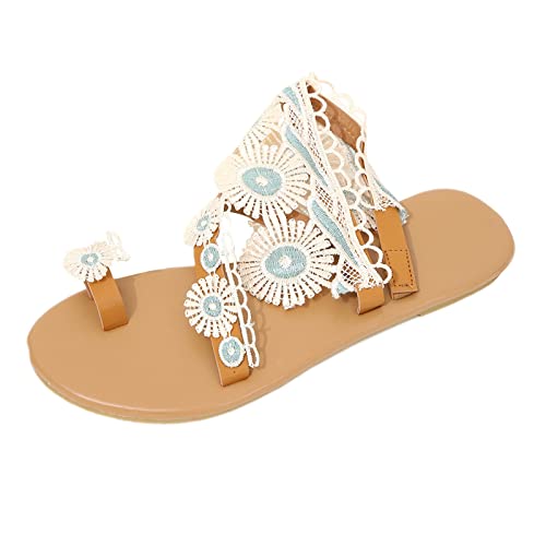 Römersandalen Damen Flach: Zehensandalen Sommerschuhe Boho Strandsandalen Brautschuhe Sommer Flache Sandalen Riemensandale Spitze Retro Flip Flop Outdoorsandalen Arbeitsschuhe von Generic