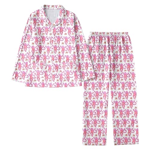 Roller Rabbit Pyjama Damen, Damen Schlafanzug mit Knopfleiste Langarm Revers Nachtwäsche Pyjamas Set Zweiteiliger Nachtwäsche Hausanzug Sleepwear Freizeitanzug Lounge Set Roller Rabbit pj Set Monkey von Generic