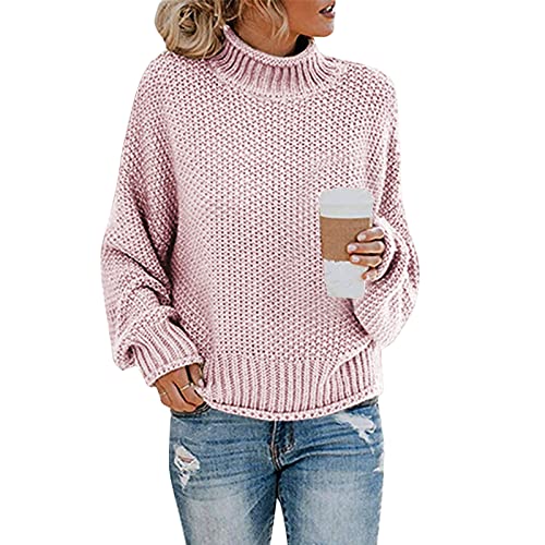 Rollkragenpullover Damen, Strickpullover Oversize Grobstrick-Pullover Langarm Winterpullover Vintage Grobstrickpullover Sweatshirt Strickpulli Sweater LäSsig Outwear, X02 Rosa, S von Generic